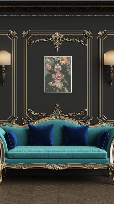 The skull and flower crown print in a gilt frame on a black wall above a teal velvet sofa.