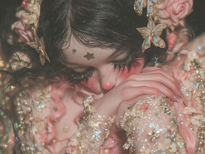 Closer view of the girl hiding her face in her hands, gold star on her brow, gold butterflies in dark hair, pearls and pink ruffles at her shoulders.