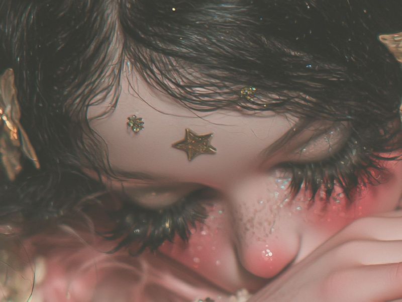 Close up detail of lowered lashes, a gold star on the forehead and a flushed cheek half hidden behind clasped hands.