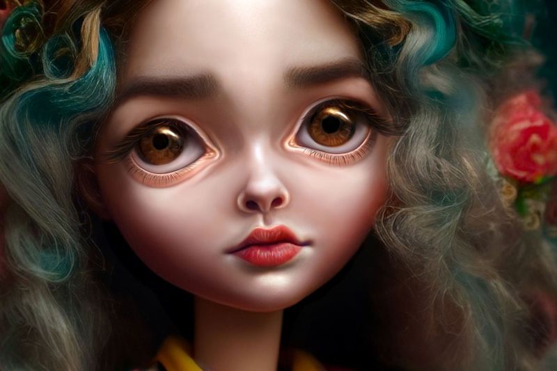 Closer view of the doll's face: large amber eyes, arched brows, porcelain skin and coral lips framed by curls and roses.