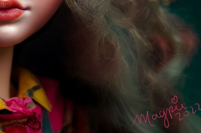 Close up of the lower right: blonde and teal curls, a yellow collar over a pink jacket, and the Magpie 2022 signature in pink script.