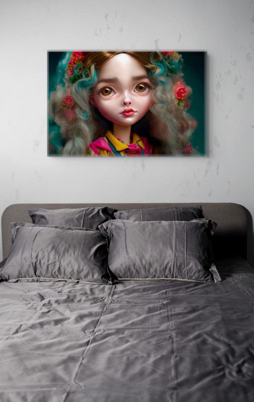 The amber eyed doll portrait canvas hung on a pale plaster wall above a bed with charcoal grey linen.