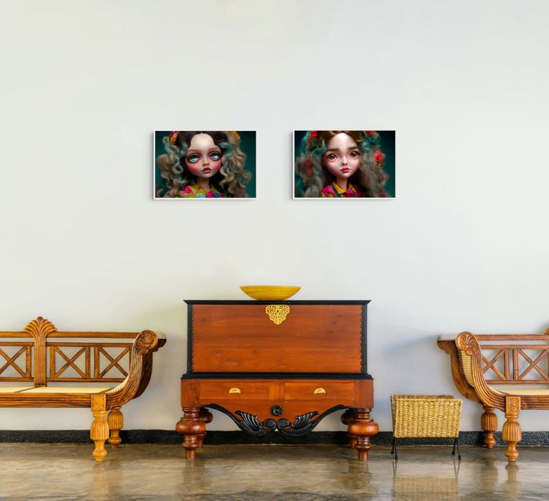 Both doll portraits, All Dolled Up and Just a Doll, hung side by side on a white wall above a carved wooden chest between two wooden benches.