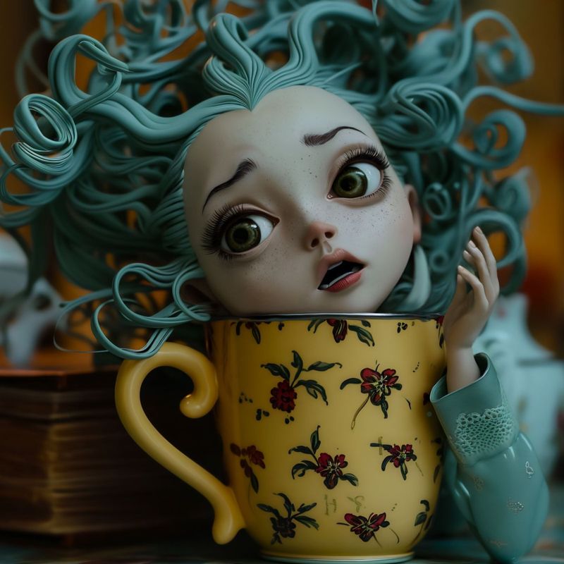 Closer view of the doll's face and teal curls above the yellow teacup painted with red flowers, her small hand on the rim.