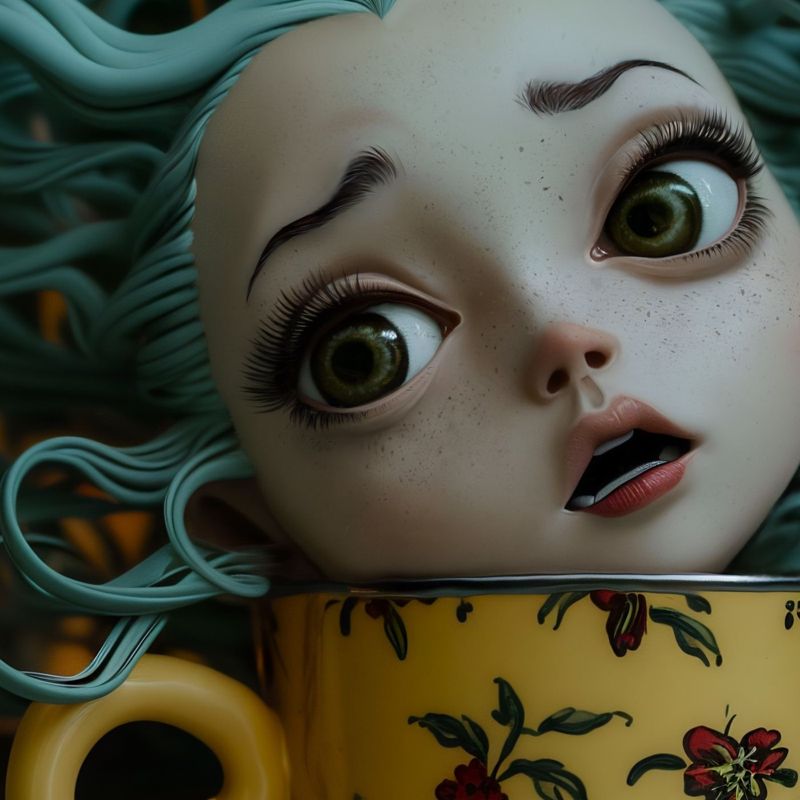 Close up detail of the doll's face: big green eyes, one raised brow, freckles and a small open mouth just above the rim of the cup.