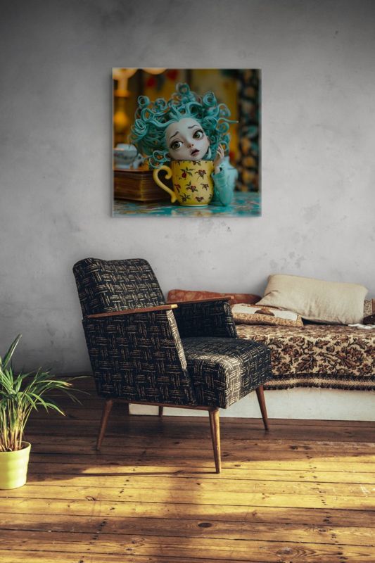 The doll in a teacup canvas hung on a grey plaster wall above a patterned mid century armchair on a worn wood floor.