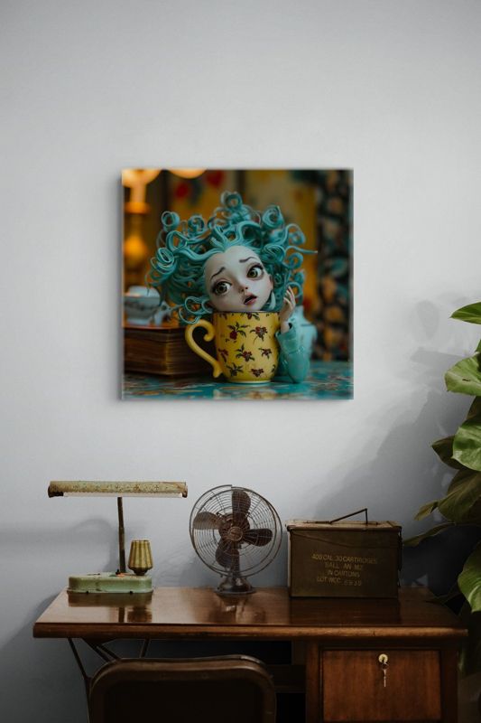 The doll in a teacup canvas hung on a grey wall above a dark wooden desk with a vintage fan and a brass lamp.