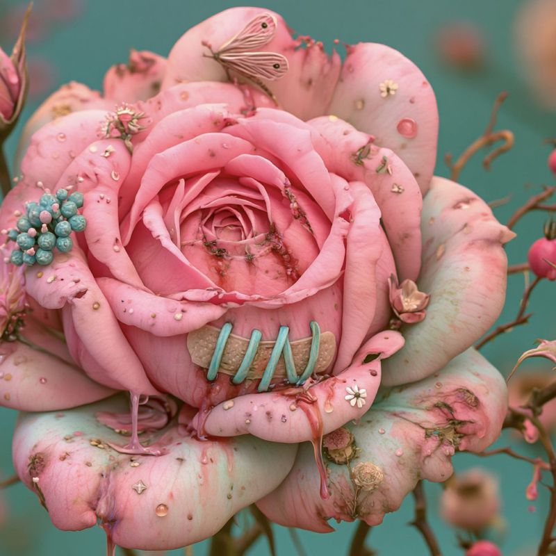 Closer view of the huge pink rose filling the frame, petals speckled and dripping, with a small cluster of teal berries tucked into one side.