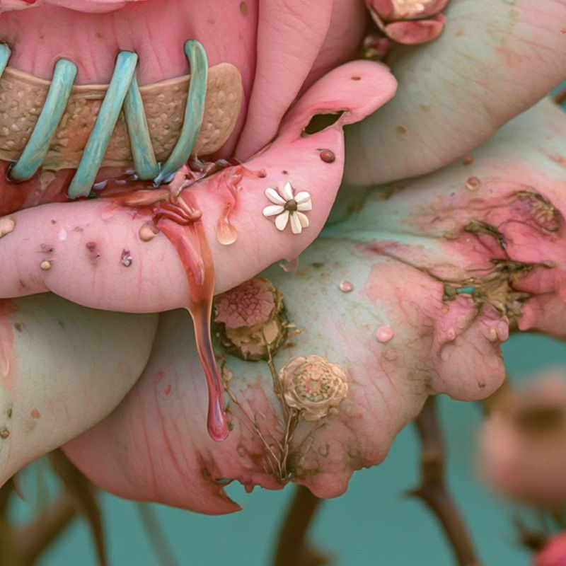 Close-up detail of the tan bandage and teal metal staples pinning the torn pink rose petals together.