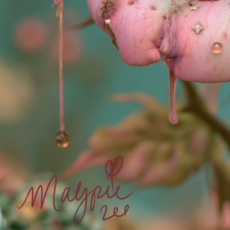 Close-up detail of the lower left corner: thorny stems and soft blurred pink blooms on teal with the Magpie signature in pink script.