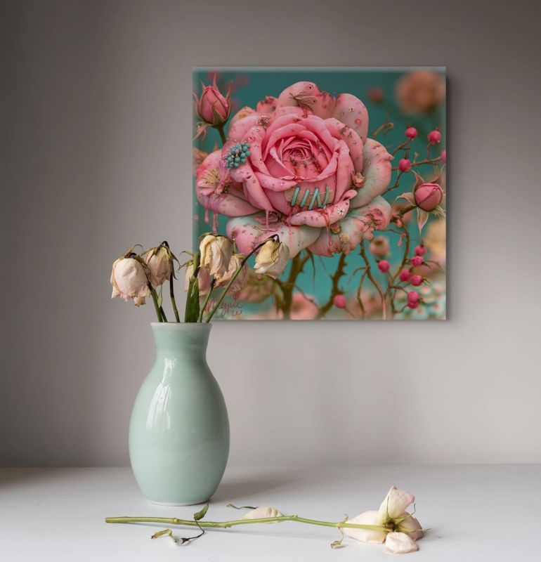 16 inch square art print of a surreal bandaged pink rose displayed on a wall above a mint green vase holding wilting roses on a white surface.