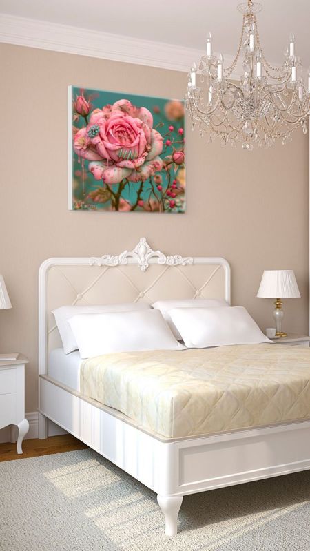 30 inch square art print of a surreal bandaged pink rose hanging above a white ornate bed with gold quilted bedding and a crystal chandelier in a warm-toned bedroom.
