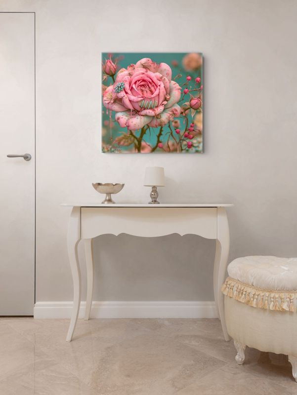 30 inch square art print of a surreal bandaged pink rose displayed above a white French console table with a silver lamp and tasseled ottoman in a minimalist entryway.