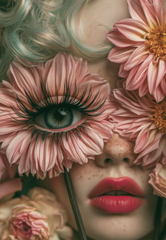 Close-up detail of a large green eye ringed by pink daisy petals with long dramatic black lashes, teal-streaked curls above, freckled skin, and a pink dahlia beside.