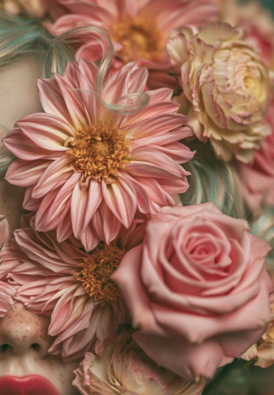 Close-up detail of pink dahlias with golden centers, a pink rose, and a cream ranunculus with a wisp of teal-streaked curl threading between them.