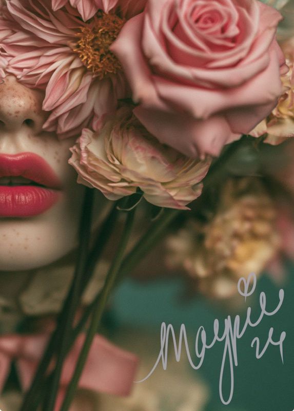 Close-up detail of red lips, freckled chin, flower stems, pink roses and dahlias softly blurred, with the Magpie 24 signature in teal script against a teal background.