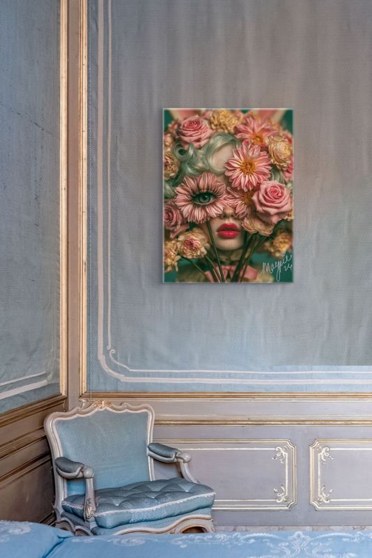 Portrait art print of a surreal floral cyclops girl hanging on a blue silk-paneled wall with gold trim molding, above a blue upholstered Louis XV bergere chair.