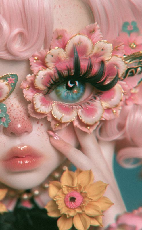Close-up detail of a large teal eye surrounded by layered pink flower petals with gold edges and dramatic black lashes, pink curls, freckled skin, and golden flowers.