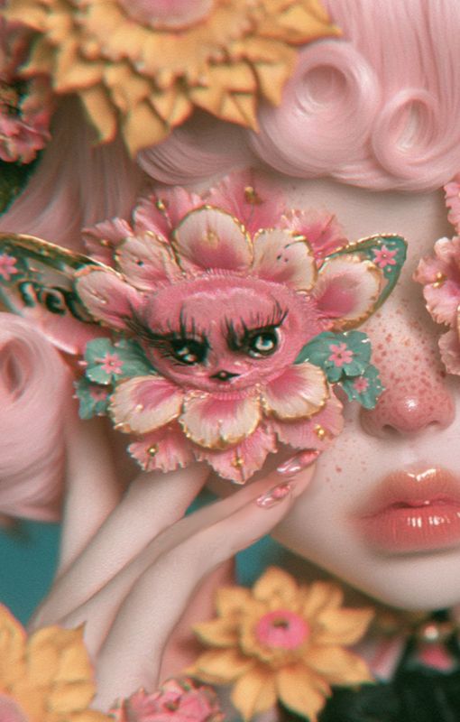 Close-up detail of a tiny grumpy cat-creature face with dark eyes and butterfly wings, nestled in pink flower petals, held beside a freckled cheek with pink curls and teal background.