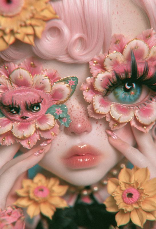 Close-up detail showing both floral eye pieces, one large teal eye and one small cat-creature face, pink flower petals with gold edges, hands with glossy nails framing the freckled face, coral lips, pink curls, golden flowers below.