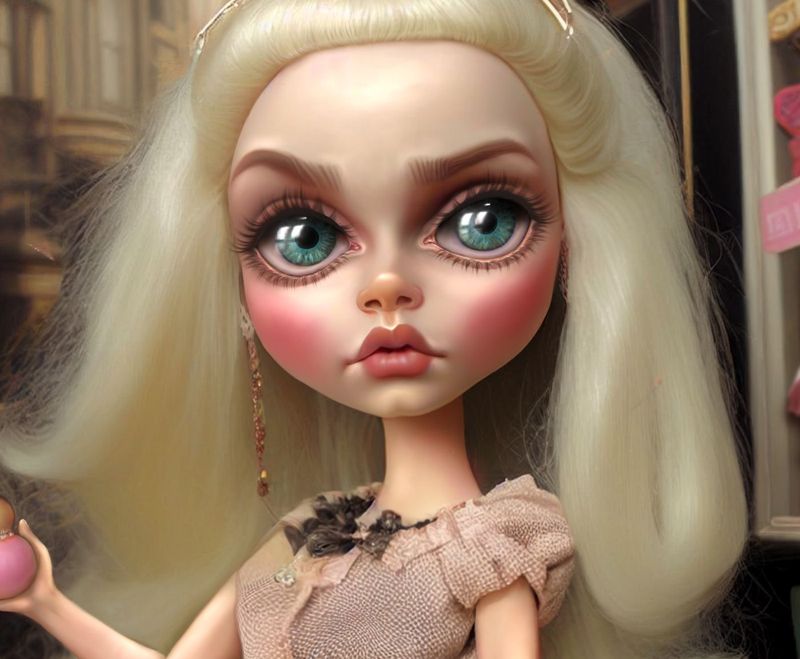 Closer view of the blonde doll holding the pink perfume bottle, blue green eyes wide, rosy cheeks, a black lace trim on her blush dress.