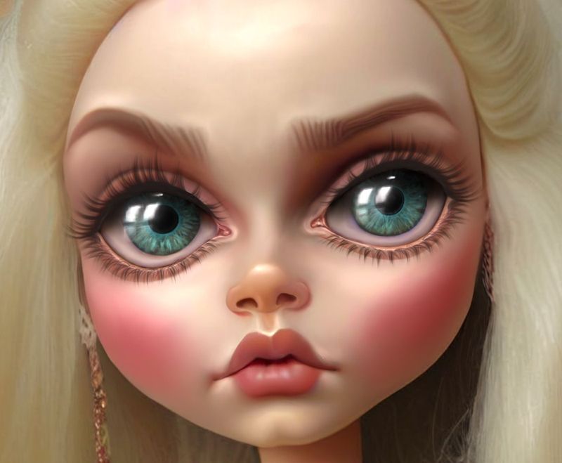 Close up detail of the doll's face: huge blue green eyes, heavy lashes, pink cheeks and a full pout under a gold tiara.