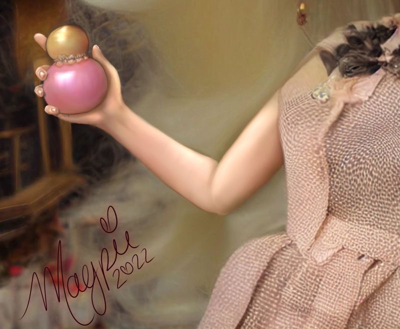 Close up of the lower left: her hand holding the round pink perfume bottle with a gold cap, and the Magpie 2022 signature in dark red script.