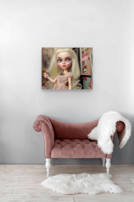 The blonde doll with perfume canvas hung on a grey plaster wall above a blush velvet chaise with a white fur throw.