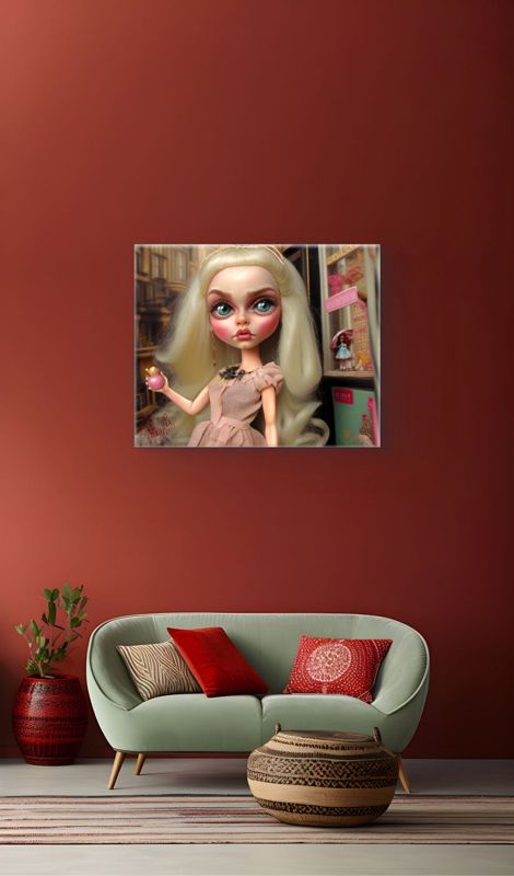 The blonde doll with perfume canvas hung on a terracotta red wall above a sage green sofa with red cushions.