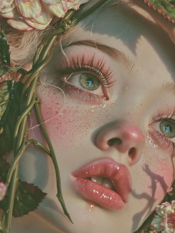 Closer view of the freckled face framed by vines and dahlias, green eyes looking up, glossy parted lips.