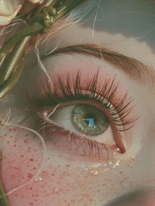 Close up detail of one green eye with long lashes and a gathering tear, freckles across a flushed pink cheek, a vine crossing the brow.