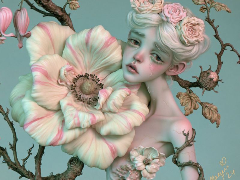 Closer view of the pale figure and the giant cream and pink flower on the twisting branch, bleeding hearts hanging at the left.