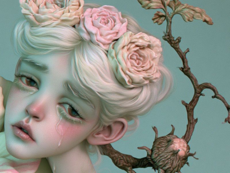 Close up detail of the porcelain face with a tear on the cheek, downcast eyes and pale pink roses in white hair.