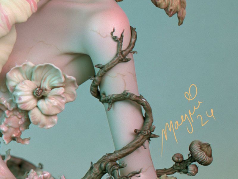 Close up of the right side: a pale shoulder, a small cream flower and curling branch with the Magpie signature in yellow script.