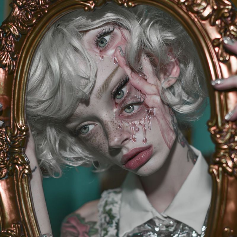 Closer view of the girl's face inside the gold frame, platinum curls, the melted hand and dripping rose wax across one cheek.