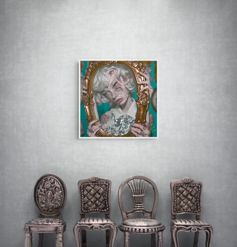 The girl in the gold frame print hung on a silver grey textured wall above a row of four ornate antique silver chairs.