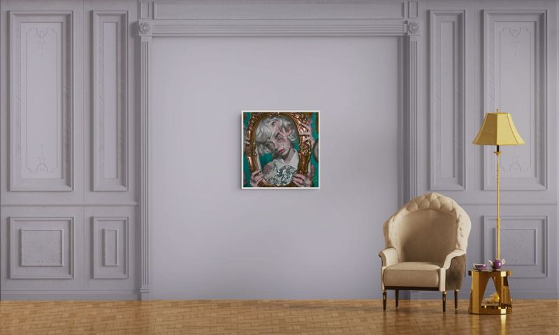The girl in the gold frame print hung on a lavender grey paneled wall beside a cream wingback chair and a gold floor lamp.