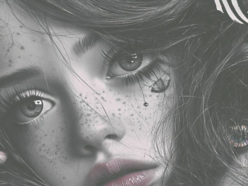 Close up detail of wide eyes, freckles across the nose, a tiny tear under one eye and full lips in soft black and white.