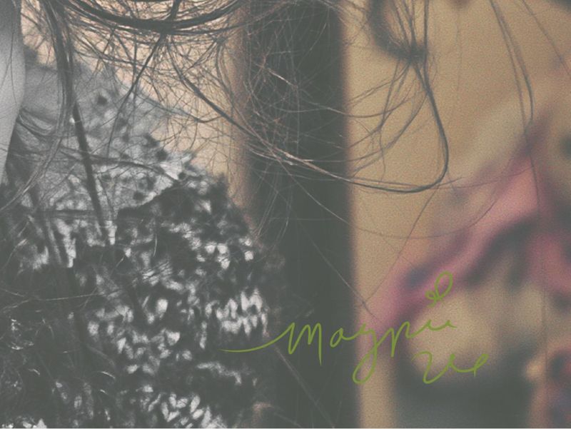 Close up of the lower right: a knitted sleeve in black and white against the faded colored wall with the faint Magpie signature.