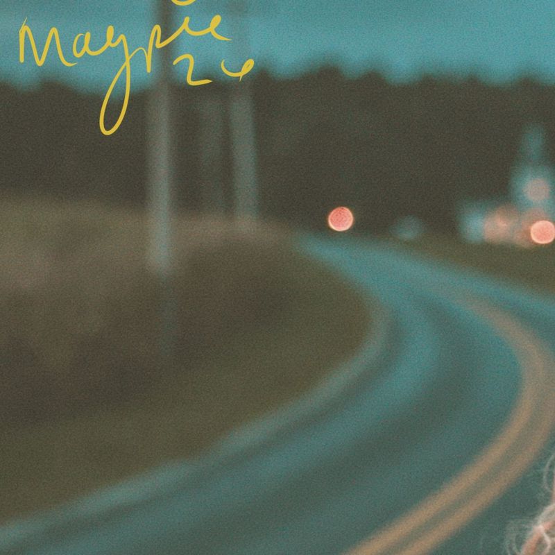 Close up of the upper left corner: the curving road and dusk sky with the Magpie signature in yellow script.