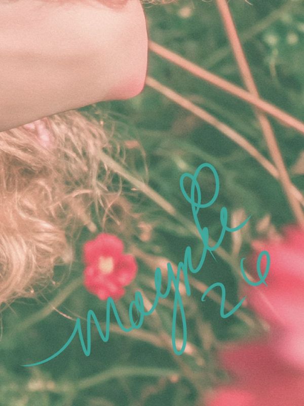 Close up of the lower right corner: blurred red and pink wildflowers in the grass with the Magpie signature in teal script.