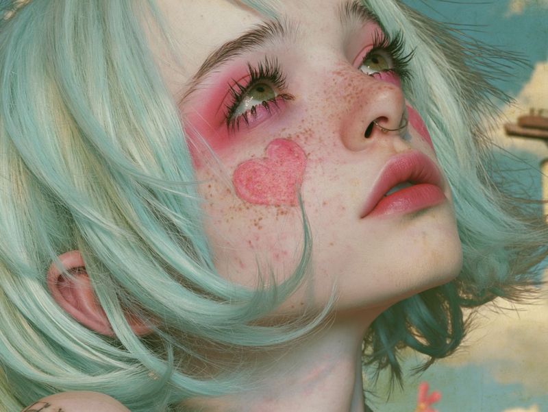 Closer view of the upturned face with mint green hair, pink eyeshadow, freckles and a pink heart on the cheek against the clouds.