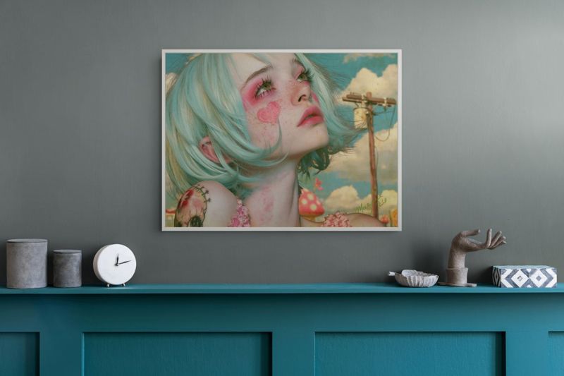 The mint hair girl print hung above a deep teal sideboard with a clock and bottles.