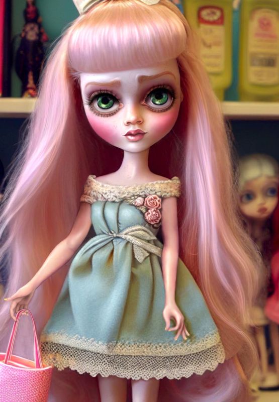 Closer view of the pink haired doll in her pale blue dress with a cream bow, the smaller dolls lined up on the shelves at either side.