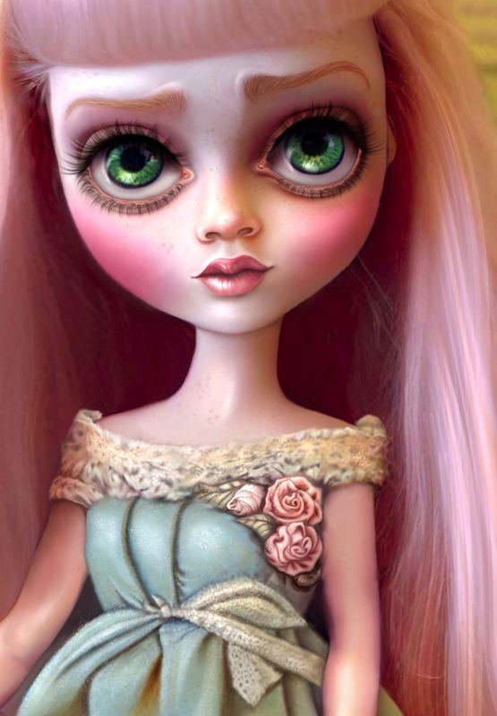 Close up detail of the doll's face: sad green eyes, arched brows, flushed cheeks and a small pout under blunt pink bangs.