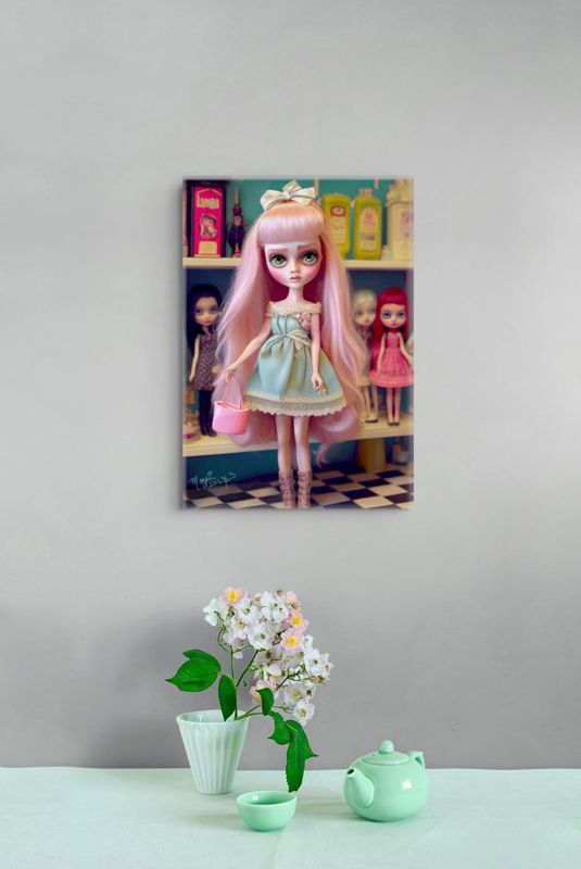 The pink haired doll canvas hung on a grey wall above a mint green surface with a vase of daisies and a teapot.