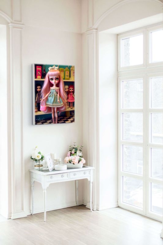 The pink haired doll canvas hung in a bright white room beside a tall window, above a small white desk with flowers.