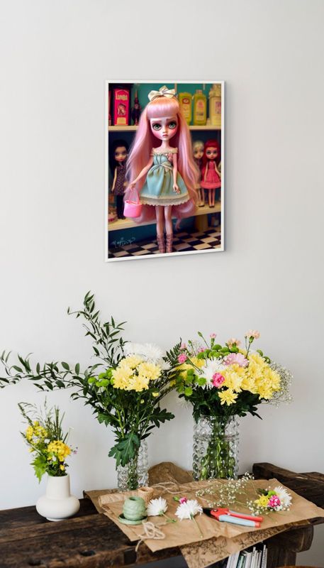 The pink haired doll canvas hung on a white wall above a wooden table crowded with vases of yellow and white flowers.