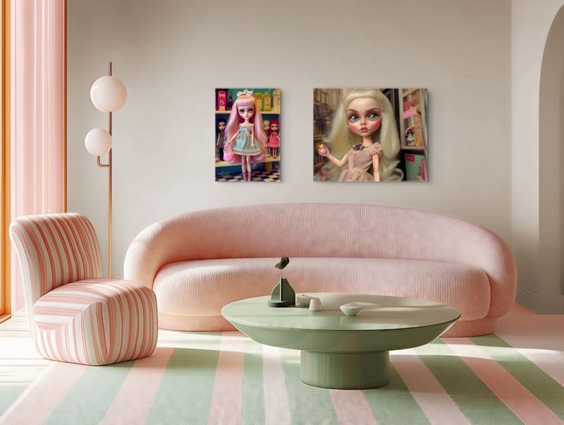 You're Consuming Me and The Smell of Connection hung side by side on a pale wall above a curved blush sofa, a striped armchair and a green table.